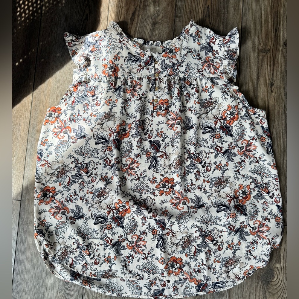 LOFT Cream Floral Ruffle Shell with Orange & gray Accents